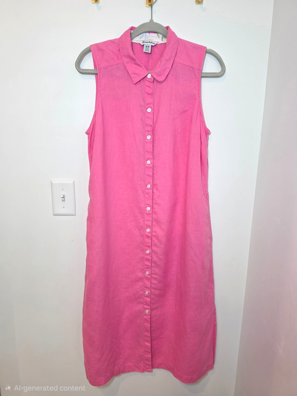 Tommy Bahama Womens size M Pink 100% Linen Maxi Shirt Dress Sleeveless